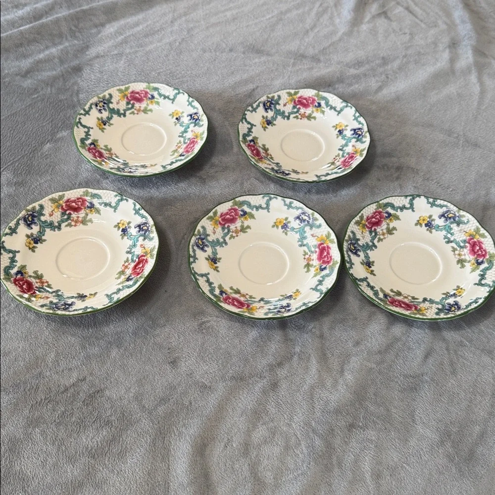 Royal Doulton Floradora Green 1981 Tea Cup Saucer Set of 5 Fine China‎ Vintage